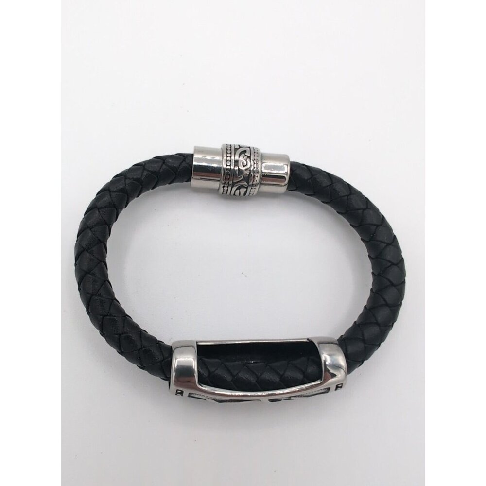 Harley-Davidson Silver Tone Stainless Steel Black Leather Wrist Band Bracelet - Picture 2 of 3
